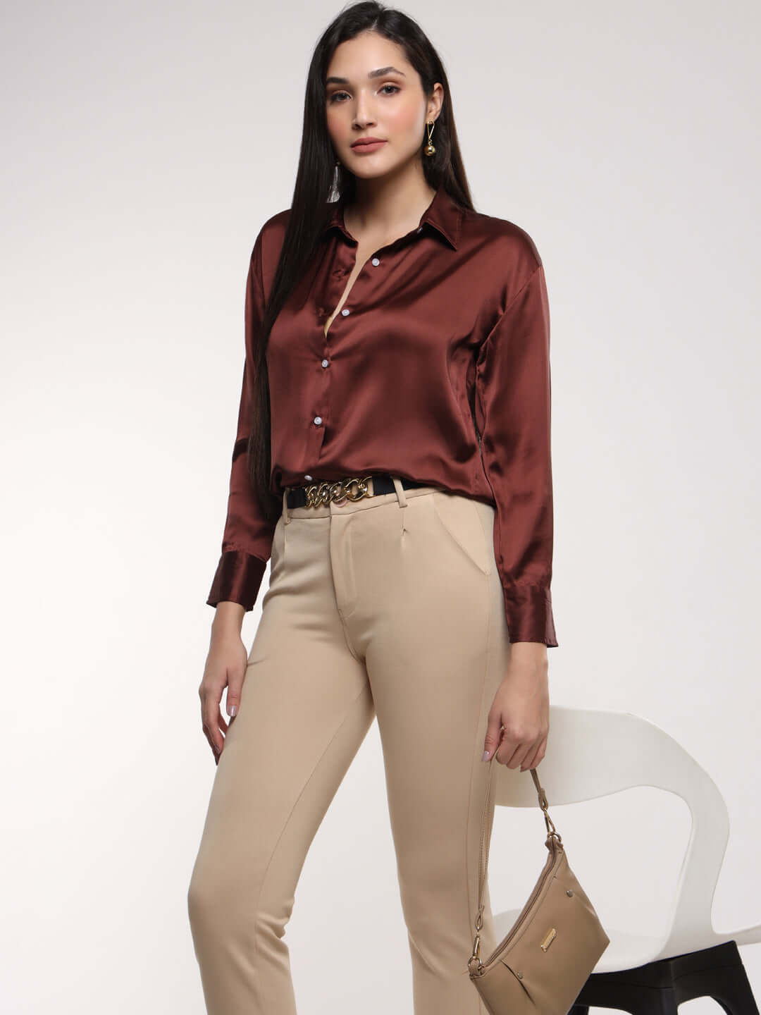 Chocolate Brown Drop Shoulder Oversized Summer Satin Shirt
