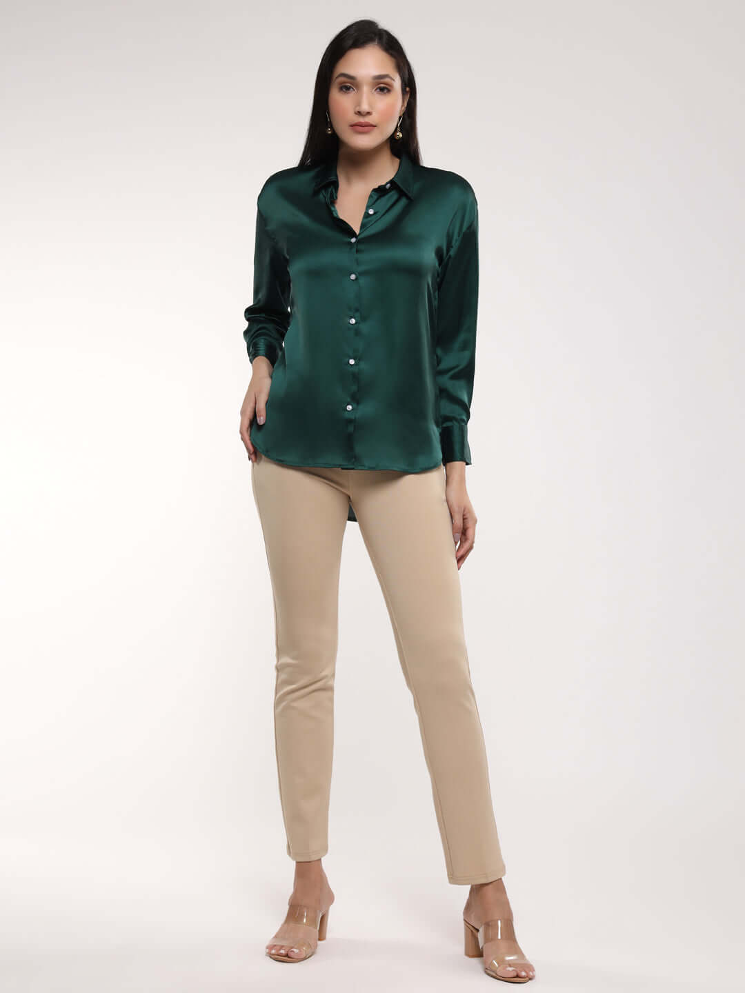 Emerald Green Drop Shoulder Oversized Summer Satin Shirt