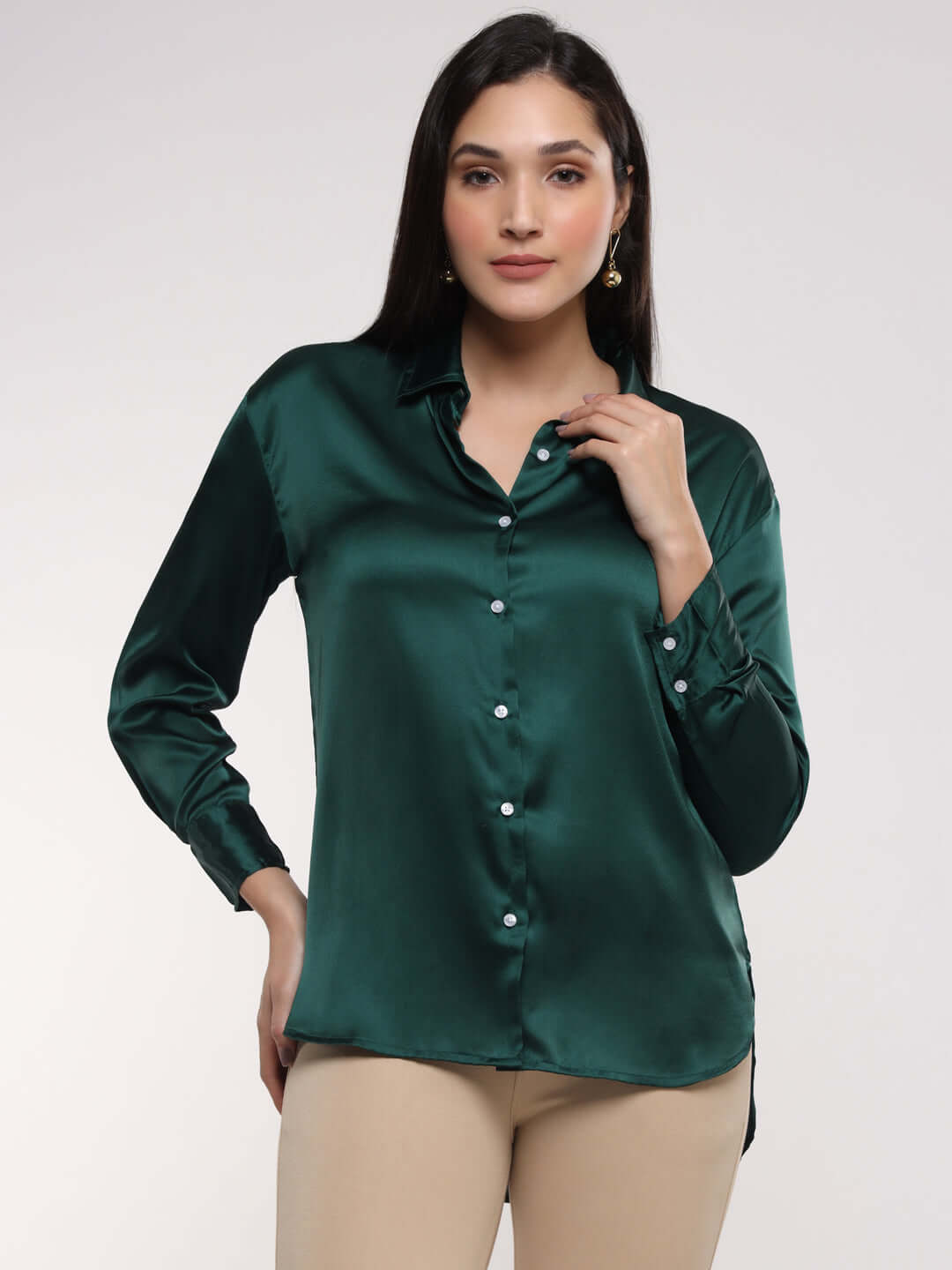 Emerald Green Drop Shoulder Oversized Summer Satin Shirt