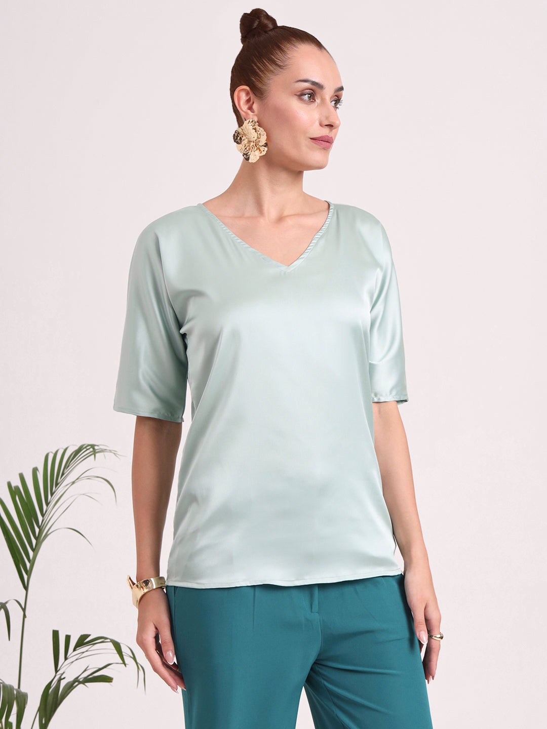 Women's European Satin-Finish, V-Neck Top