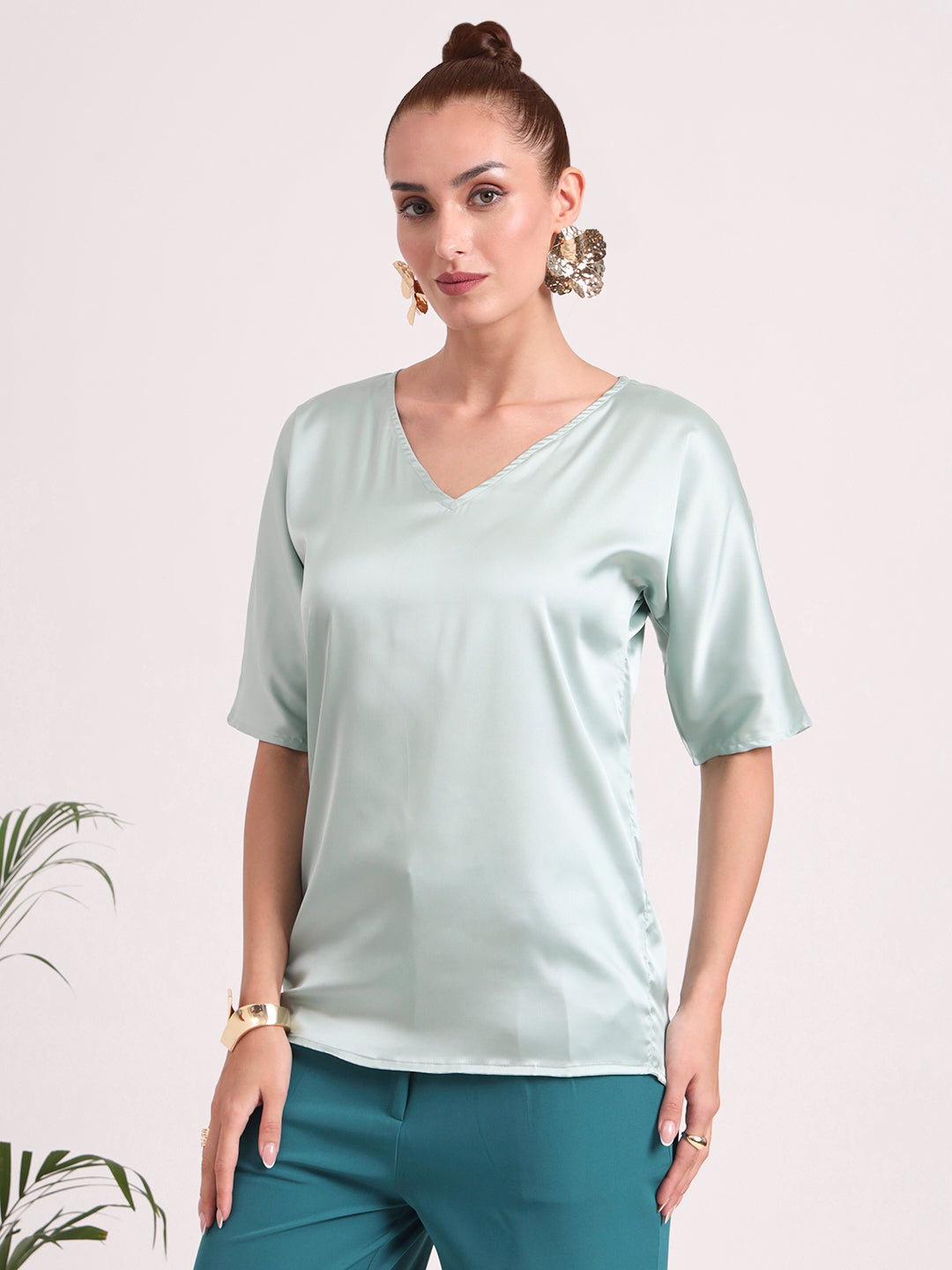 Women's European Satin-Finish, V-Neck Top