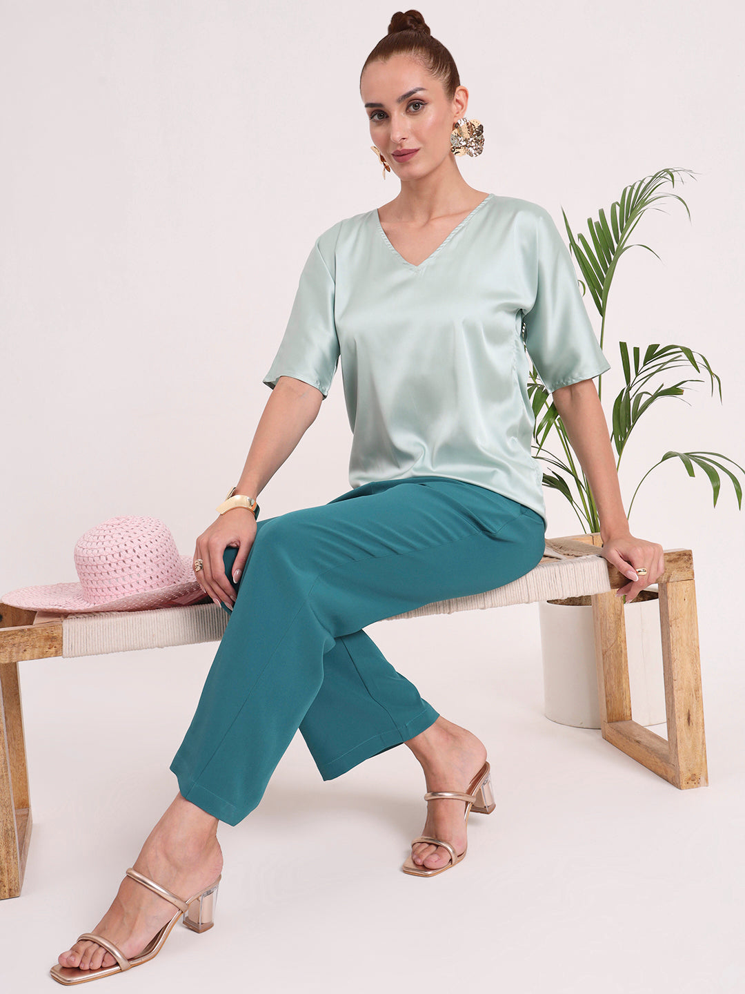 Women's European Satin-Finish, V-Neck Top