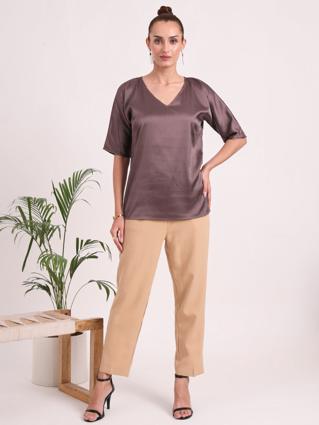 Women's European Satin-Finish, V-Neck Top