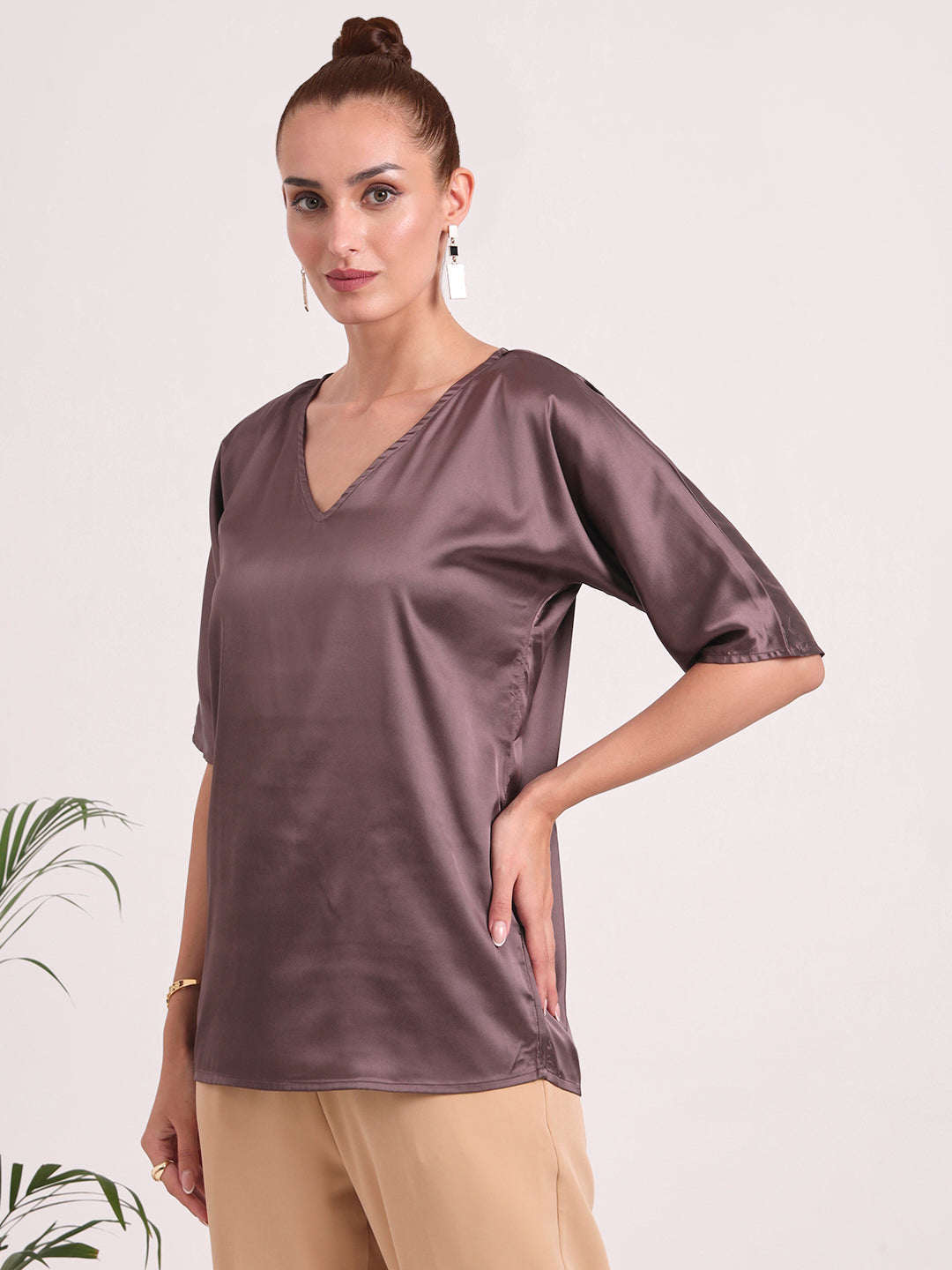 Women's European Satin-Finish, V-Neck Top