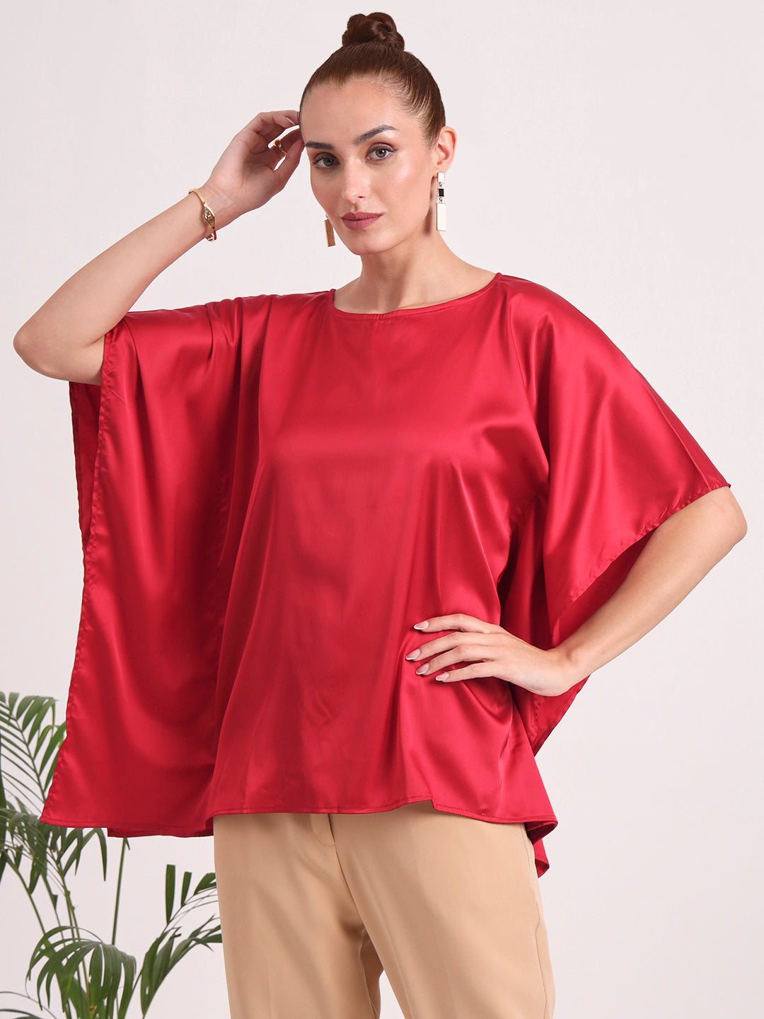 Women's European Satin Solid Baturing Sleeve Crepe