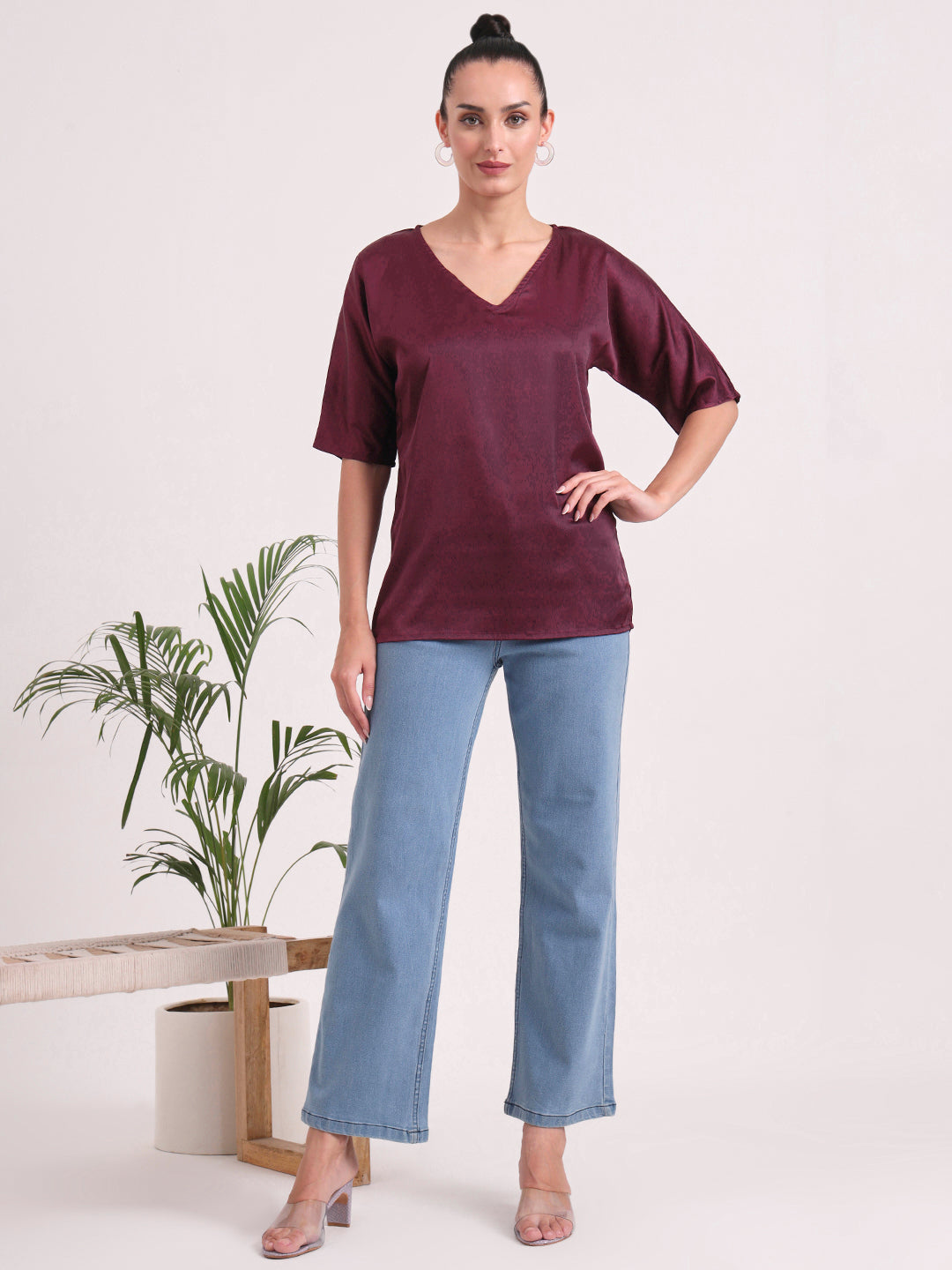 Women's European Satin-Finish, V-Neck Top