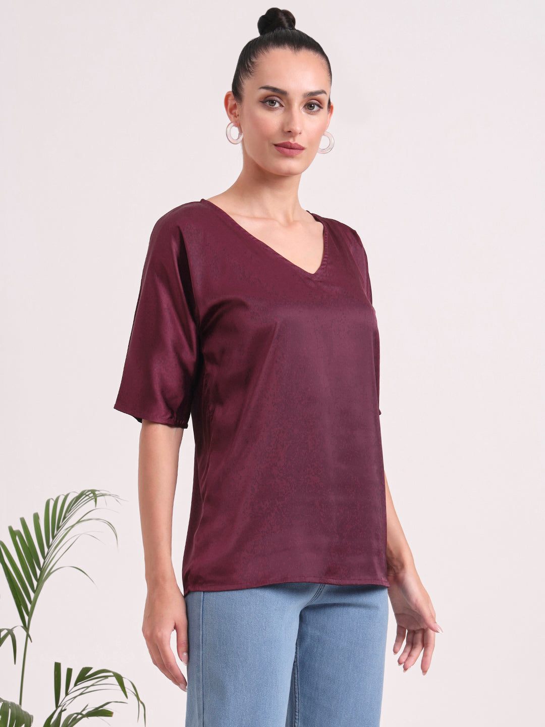 Women's European Satin-Finish, V-Neck Top