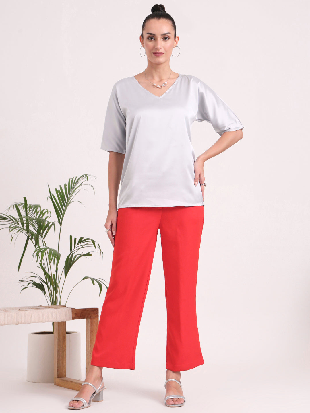 Women's European Satin-Finish, V-Neck Top