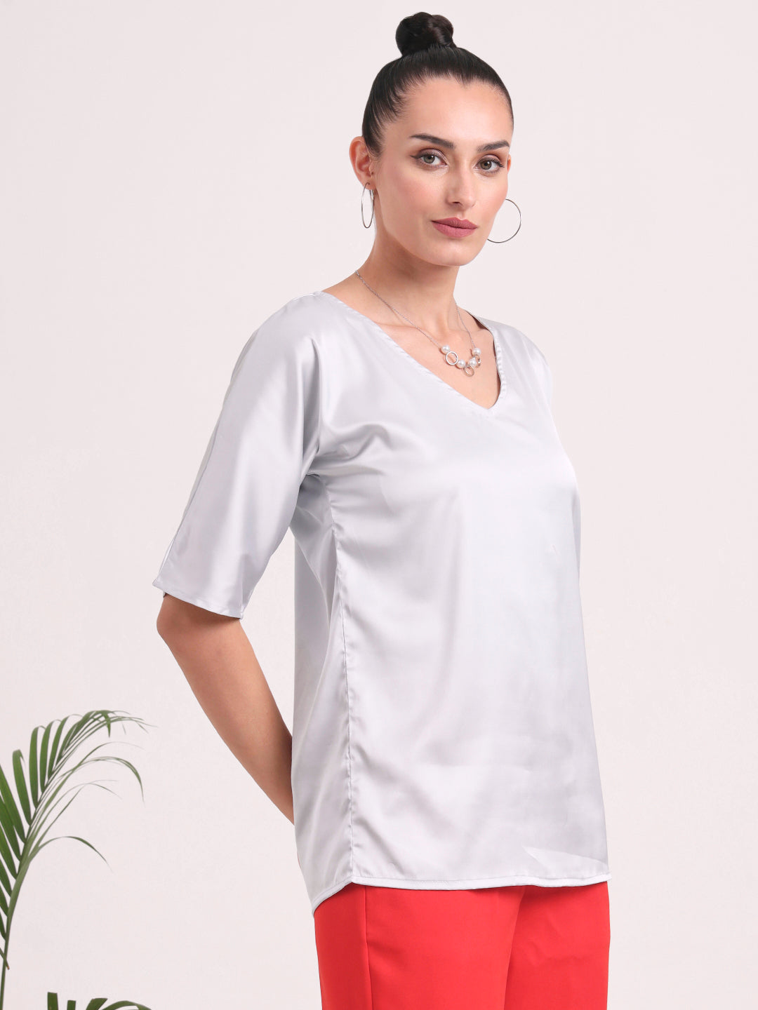 Women's European Satin-Finish, V-Neck Top