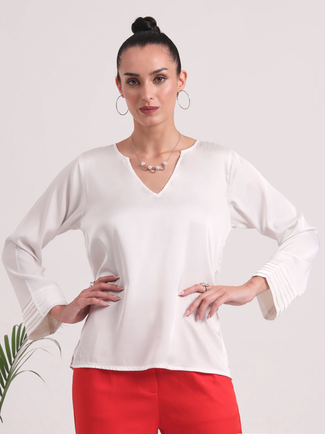 Women's European Satin V Neck Long Sleeve Top