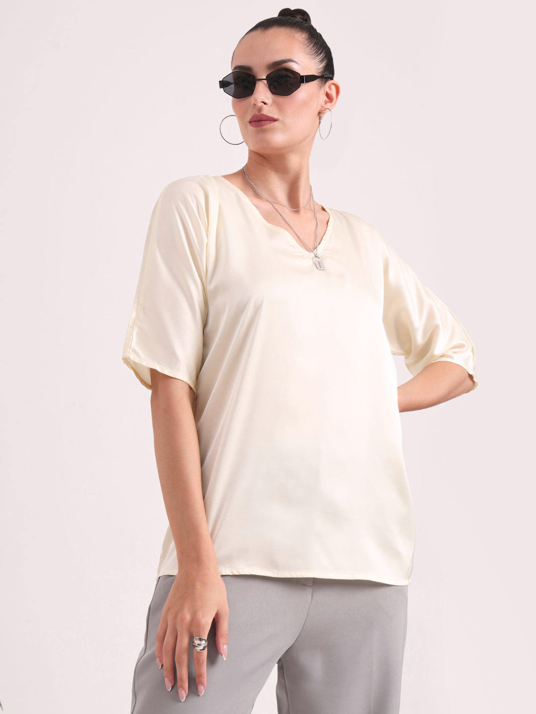 Women's European Satin-Finish, V-Neck Top