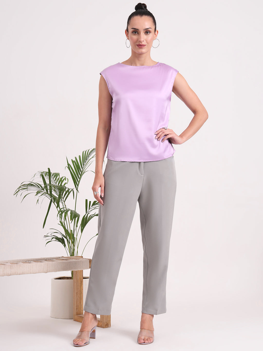 Women's European Satin Solid Crew Neck Top