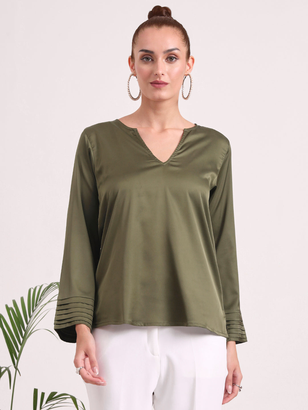 Women's European Satin V Neck Long Sleeve Top