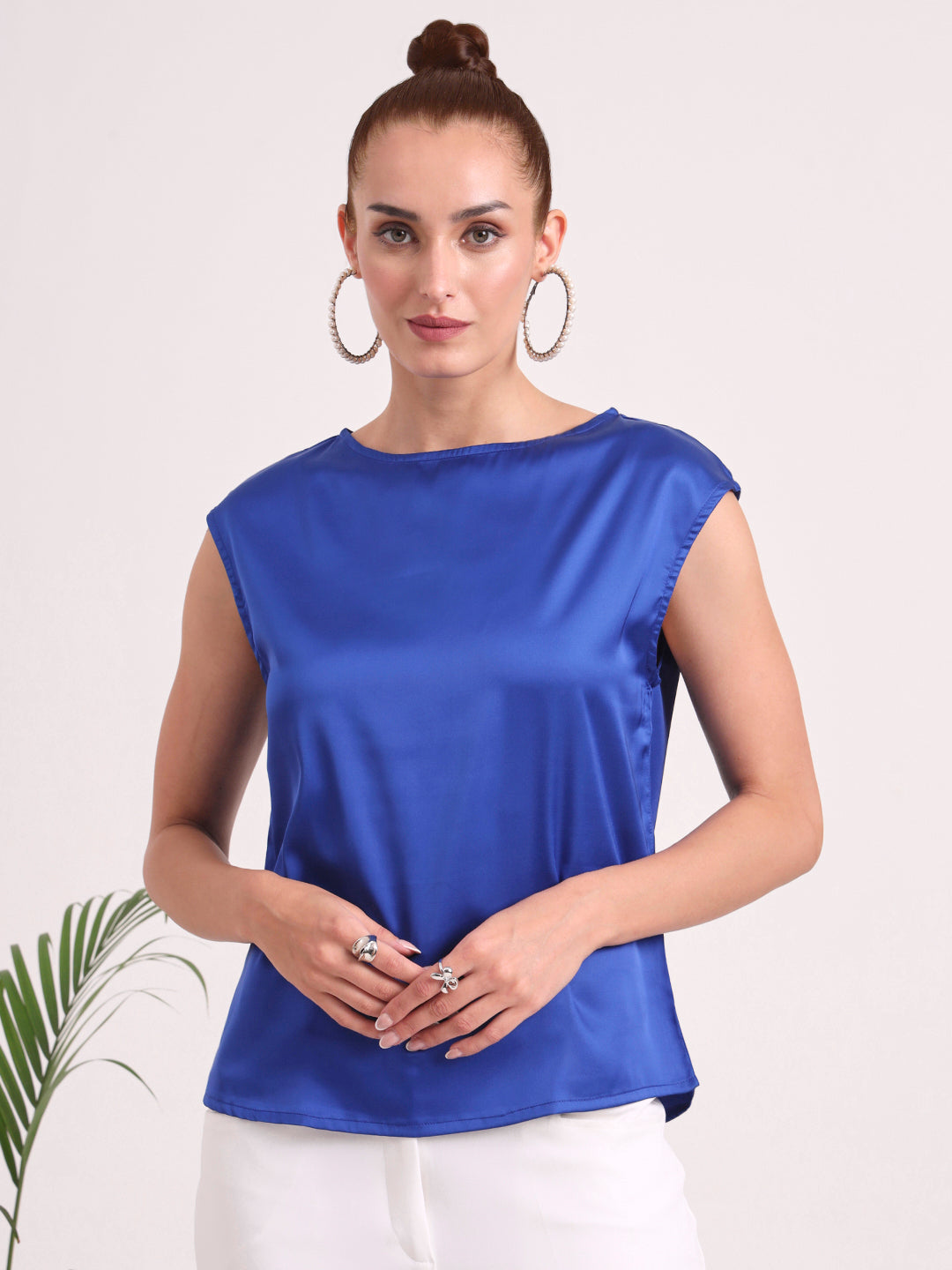 Women's European Satin Solid Crew Neck Top