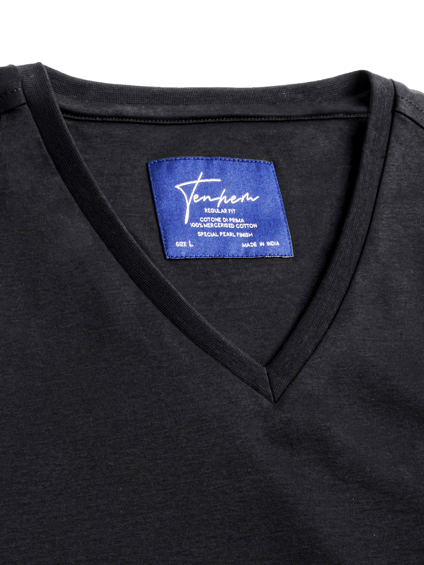 Mercerised Cotton V Neck T Shirt Interlock Regular Fit Black