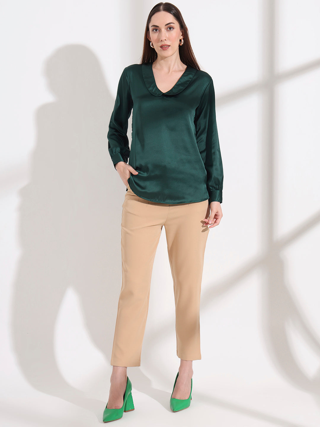 Summer Satin Emerald Green Peter Pan Collar Top