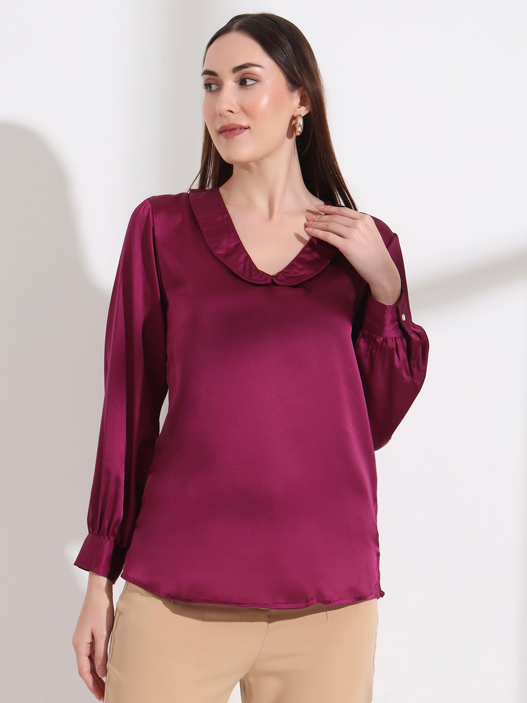 Summer Satin Deep Plum Peter Pan Collar Top
