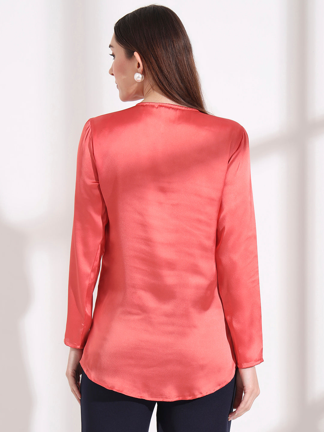 Summer Satin Coral Mandarin Collar Button Tunic