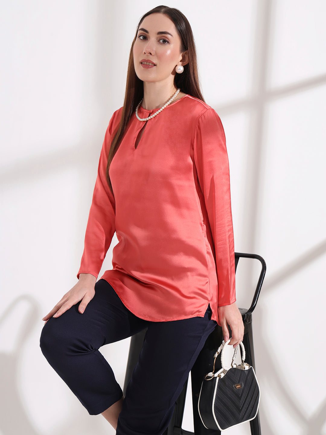 Summer Satin Coral Mandarin Collar Button Tunic