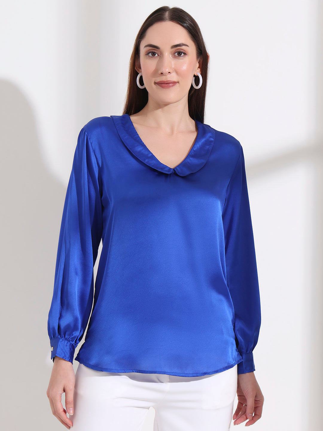 Summer Satin Royal Blue Peter Pan Collar Top