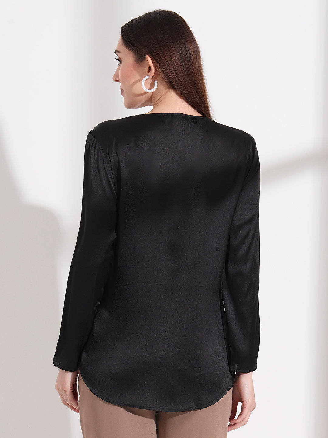 Summer Satin Black Mandarin Collar Button Tunic