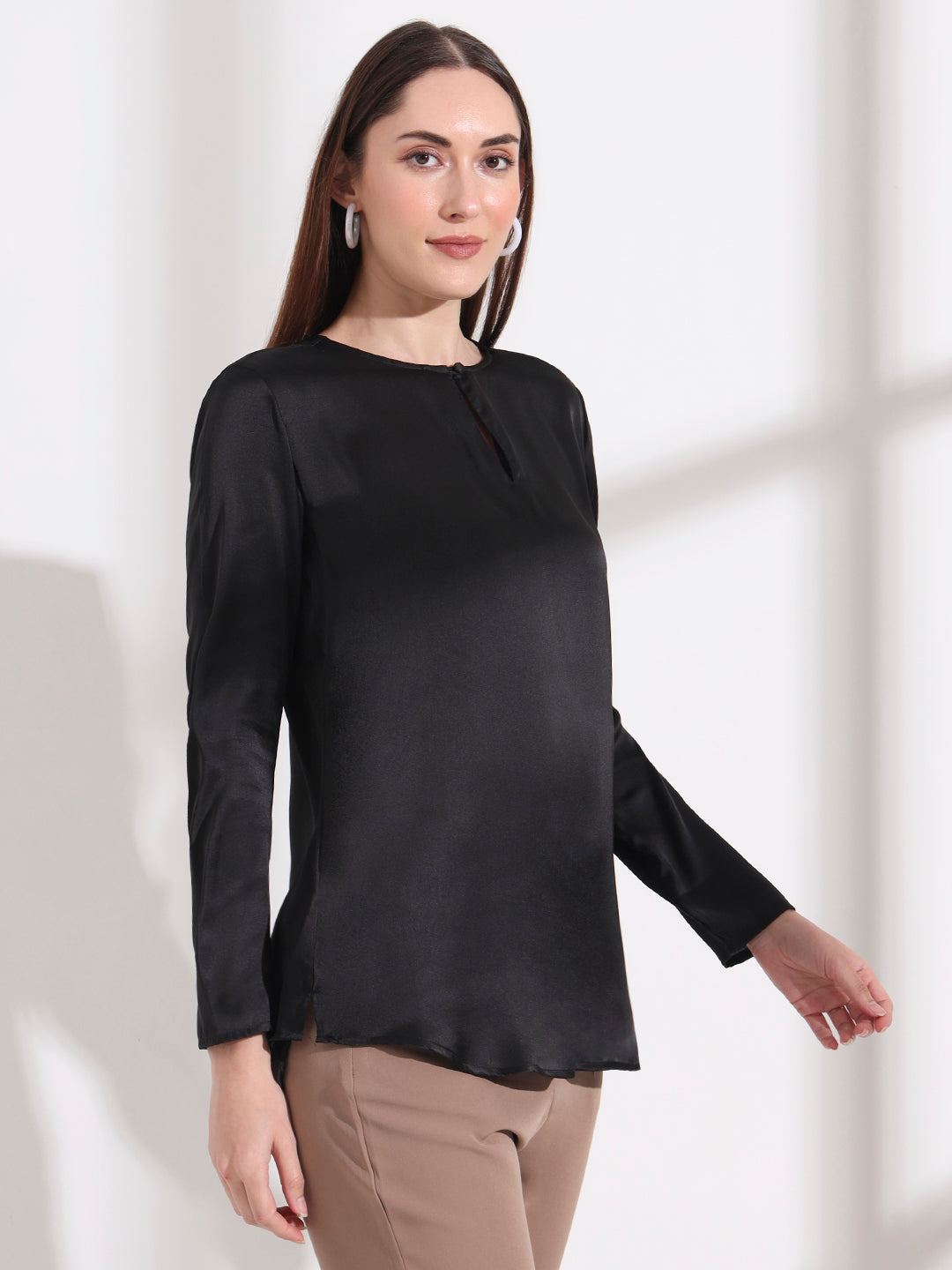 Summer Satin Black Mandarin Collar Button Tunic