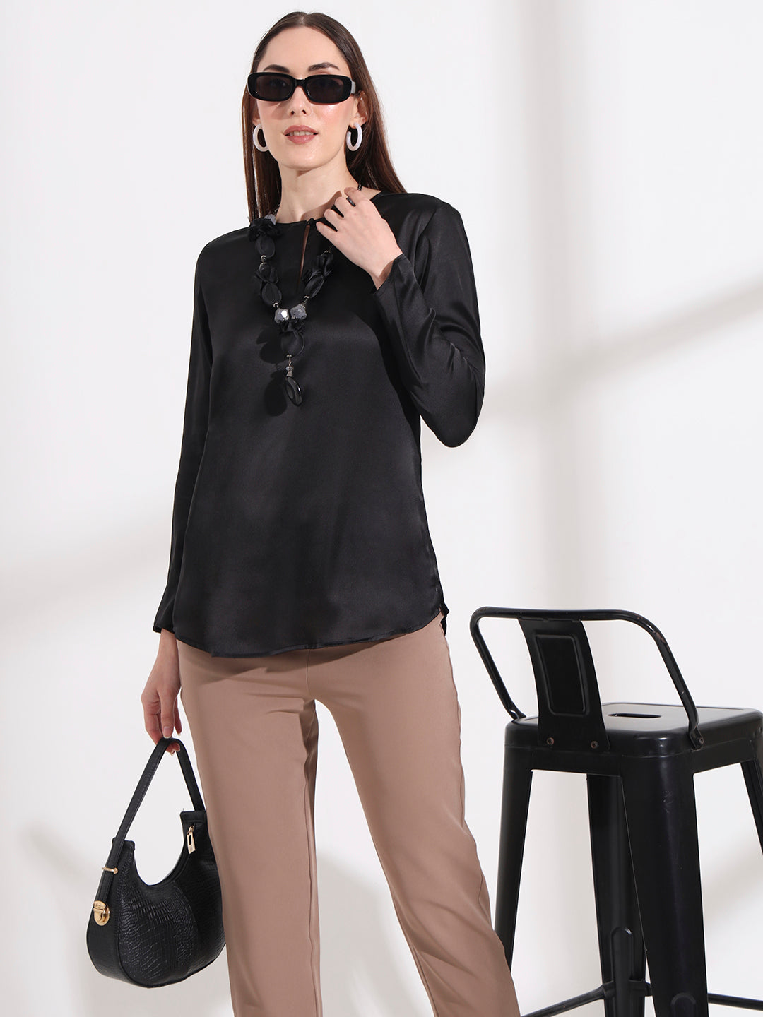 Summer Satin Black Mandarin Collar Button Tunic