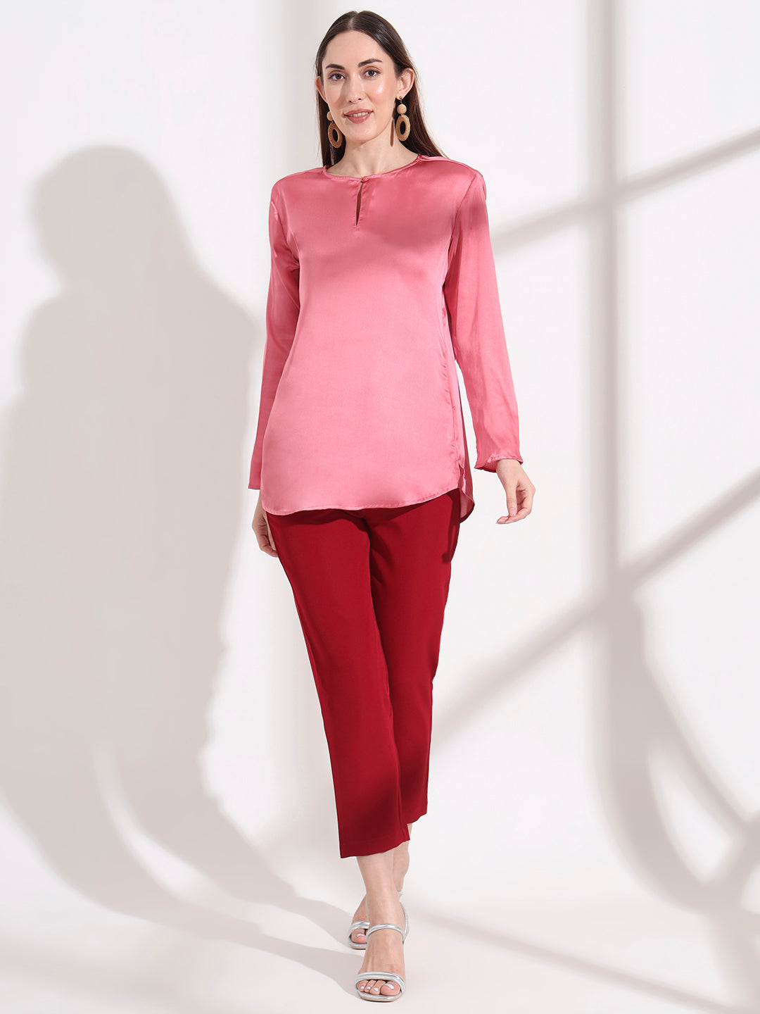 Summer Satin Rose Pink Mandarin Collar Button Tunic