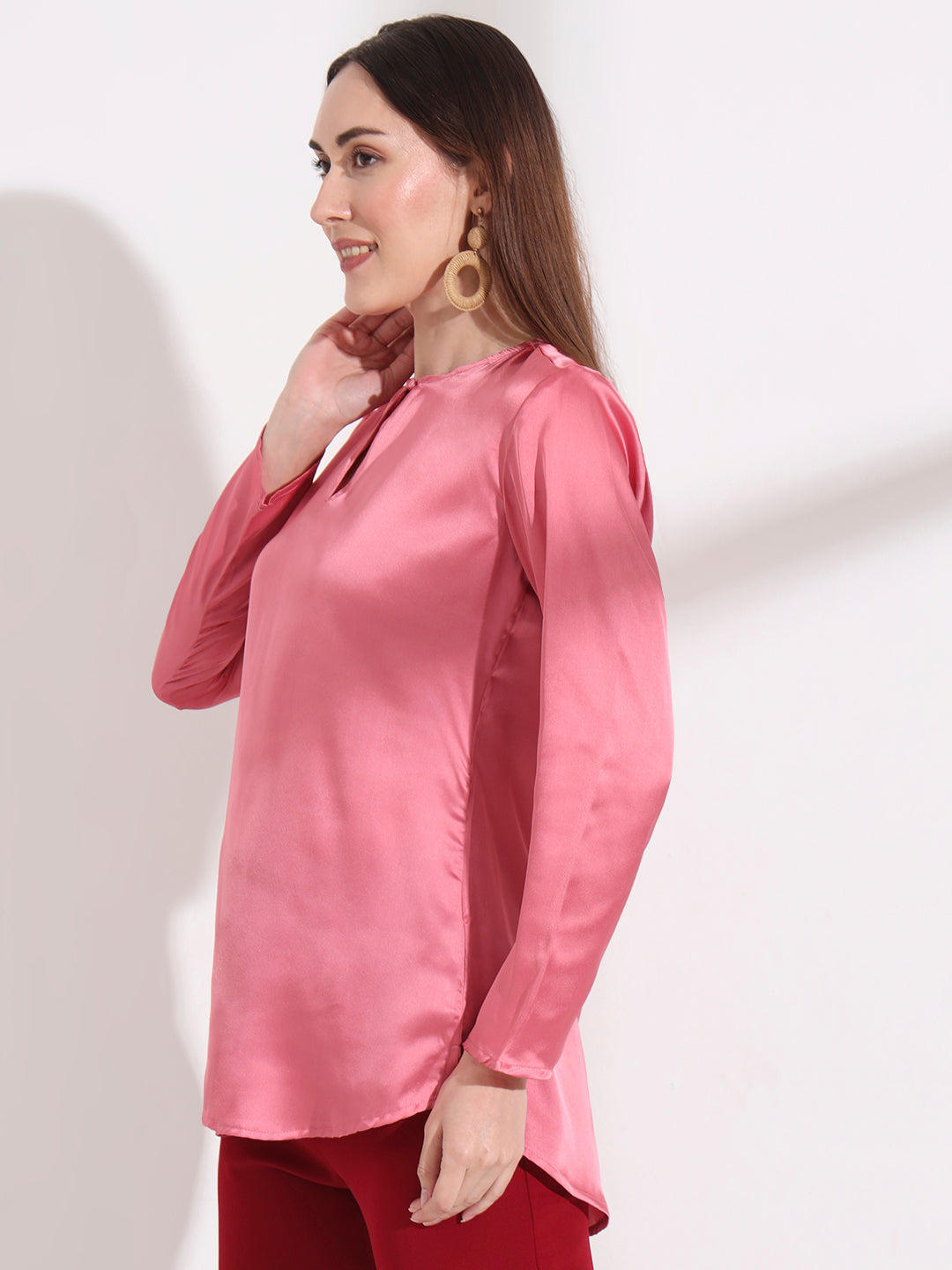 Summer Satin Rose Pink Mandarin Collar Button Tunic