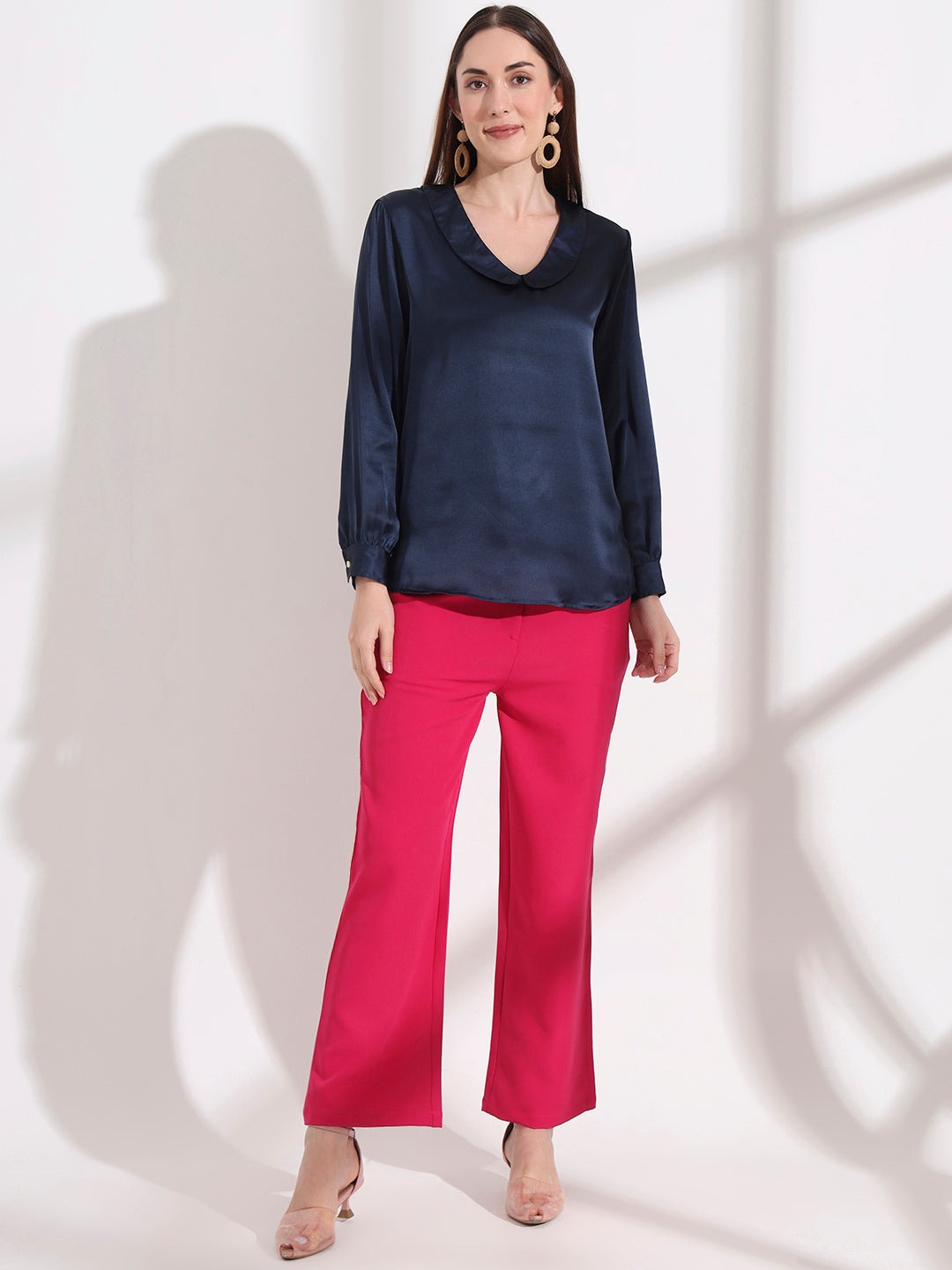 Summer Satin Navy Peter Pan Collar Top