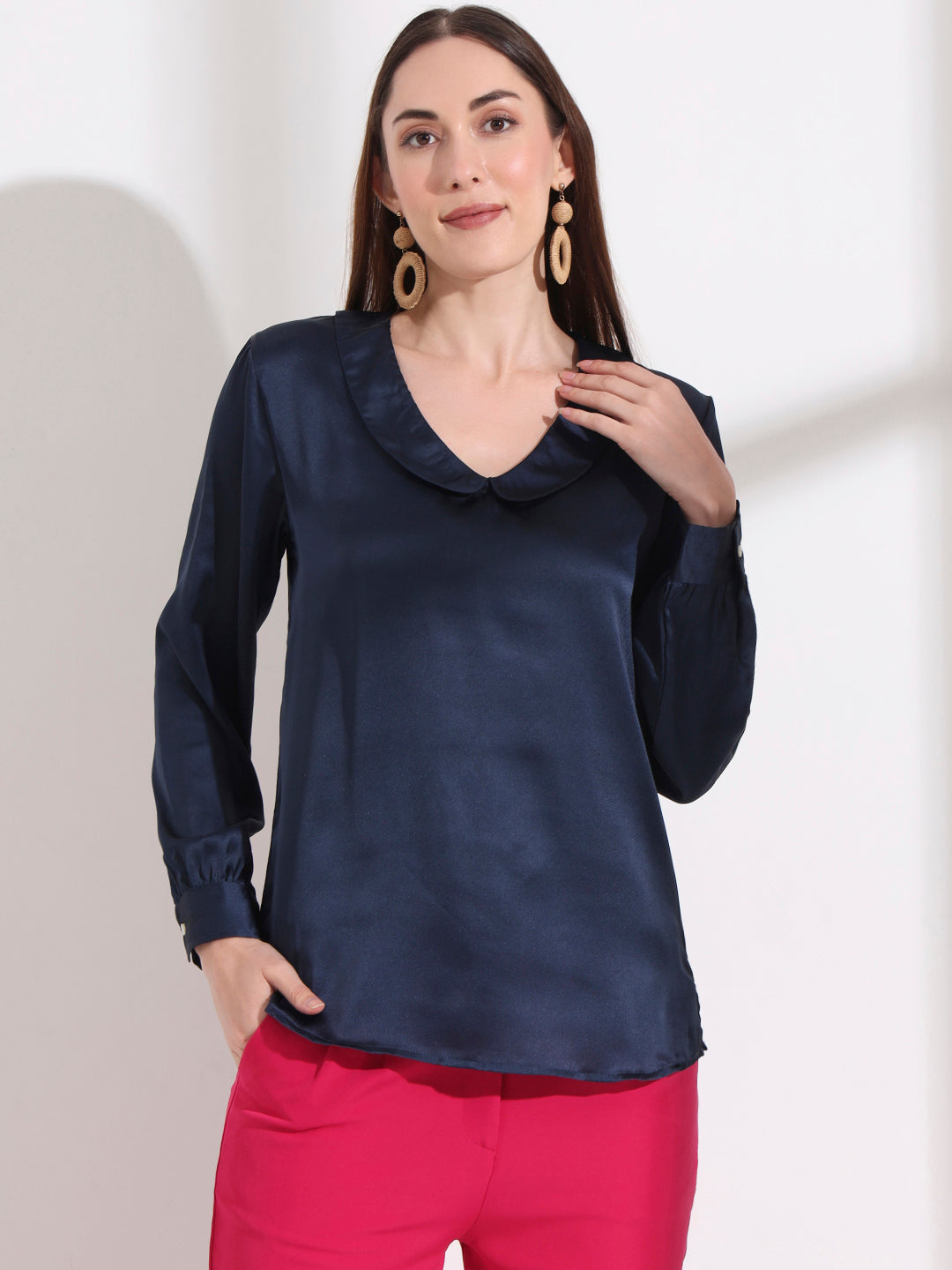 Summer Satin Navy Peter Pan Collar Top