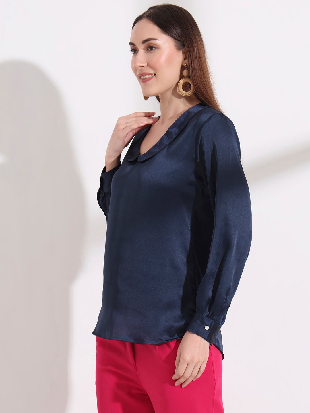 Summer Satin Navy Peter Pan Collar Top