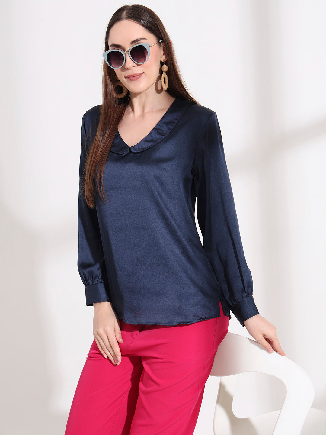 Summer Satin Navy Peter Pan Collar Top