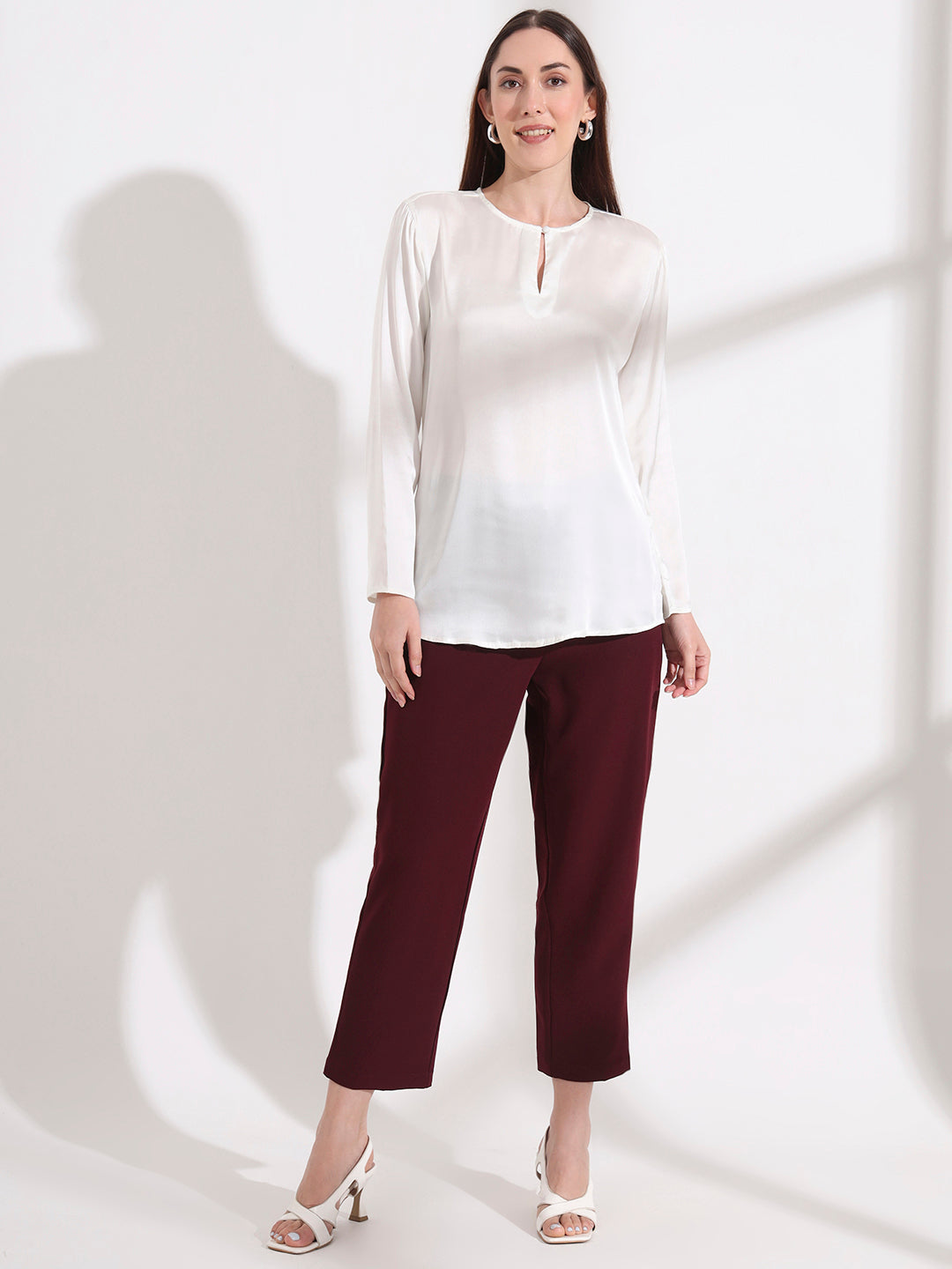 Summer Satin Off White Mandarin Collar Button Tunic