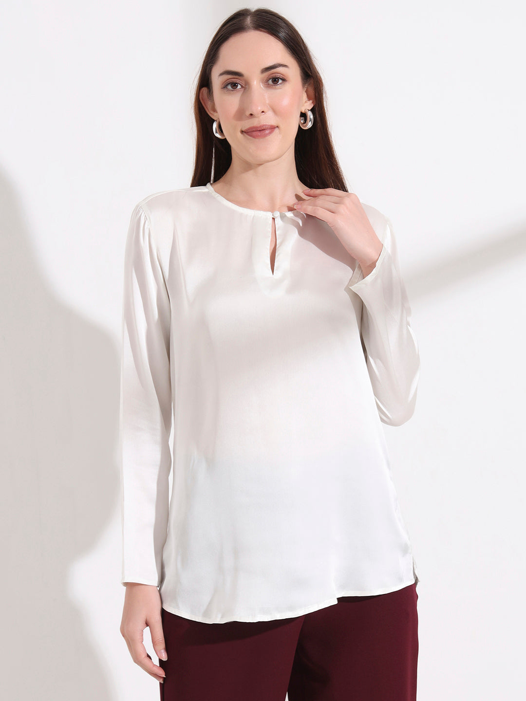 Summer Satin Off White Mandarin Collar Button Tunic