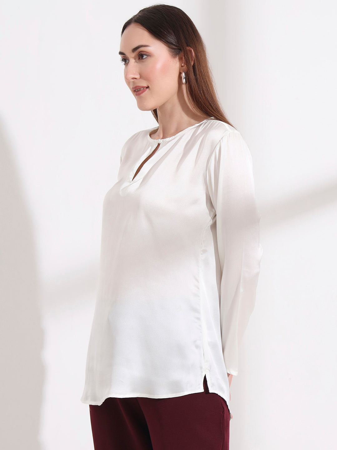 Summer Satin Off White Mandarin Collar Button Tunic