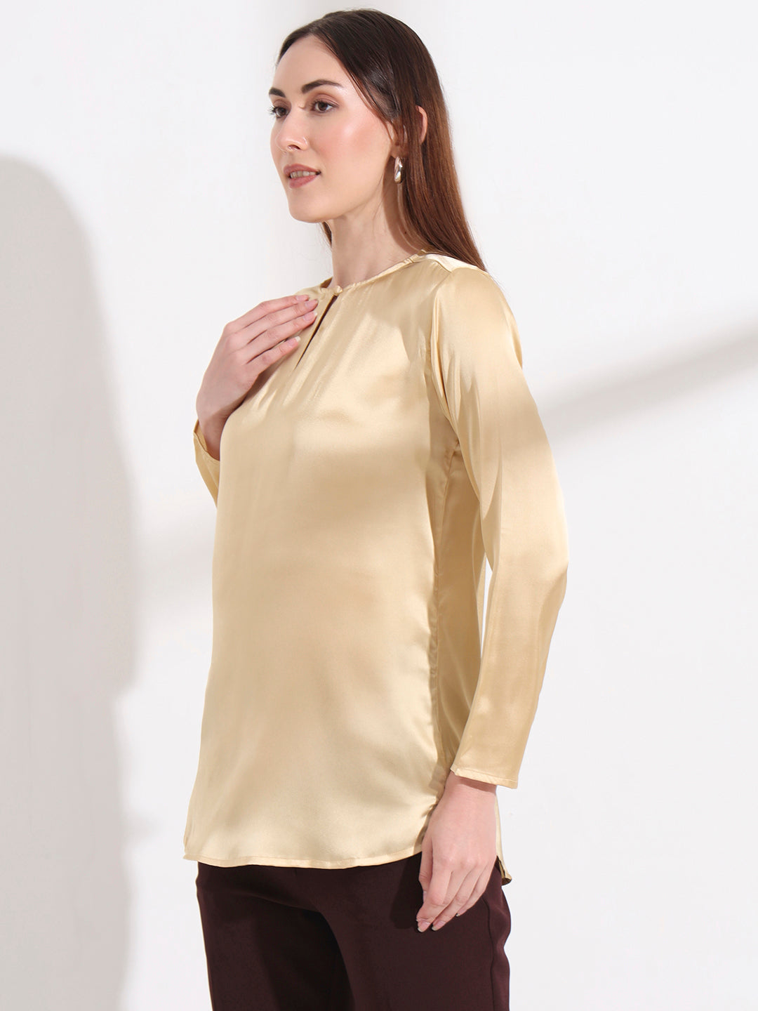 Summer Satin Gold Mandarin Collar Button Tunic
