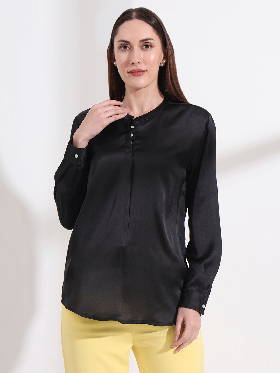 Summer Satin Black Front Pleated Tunic