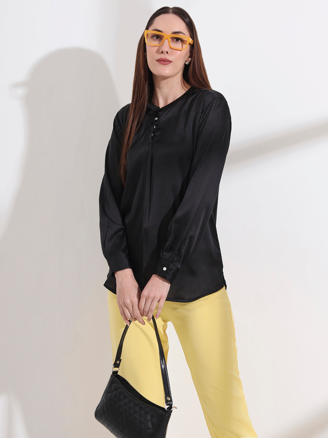 Summer Satin Black Front Pleated Tunic