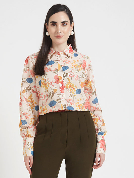 Luxury Cambric Digital Print Puff Sleeve Shirt