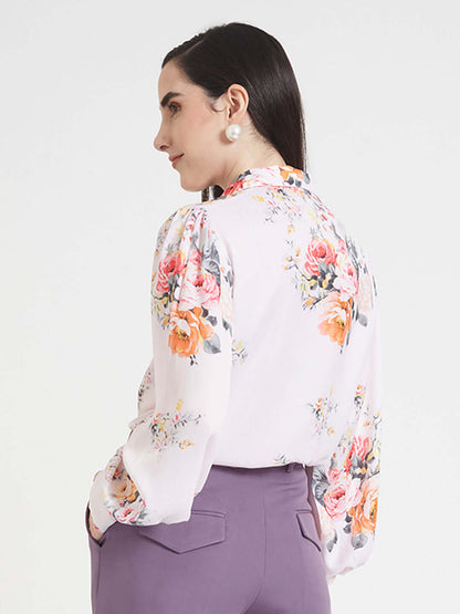 Luxury  Satin Digital Print Puff Sleeve Shirt