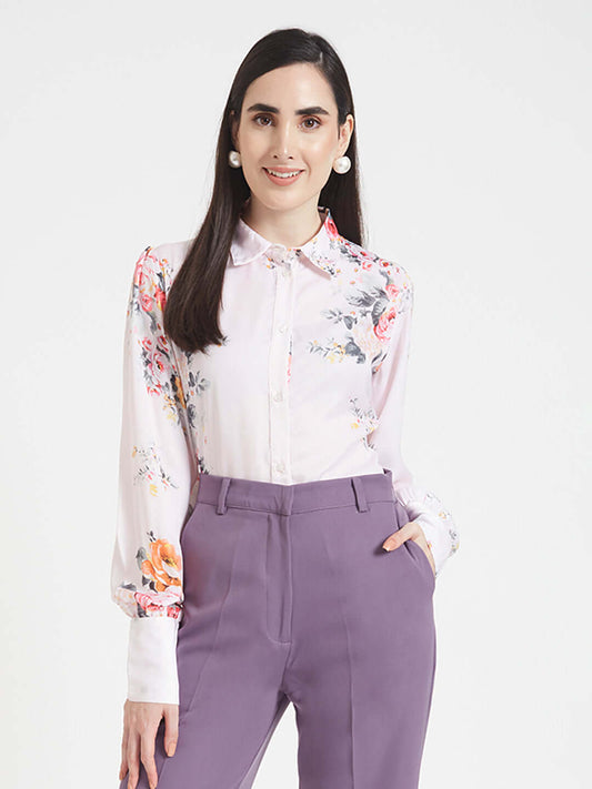 Luxury  Satin Digital Print Puff Sleeve Shirt