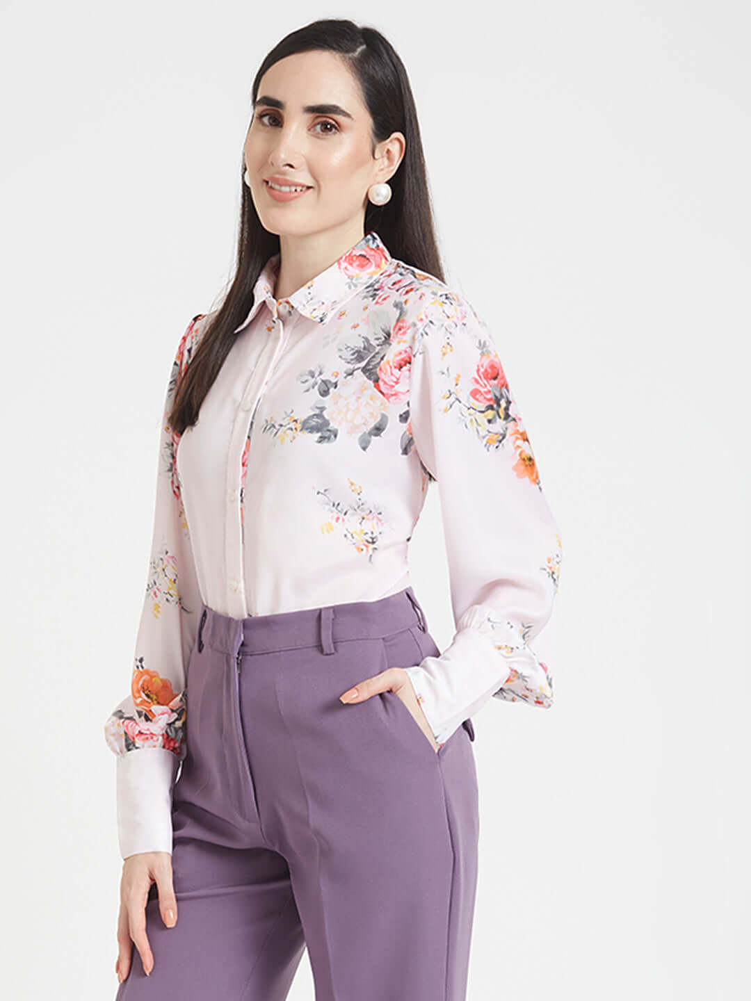 Luxury  Satin Digital Print Puff Sleeve Shirt