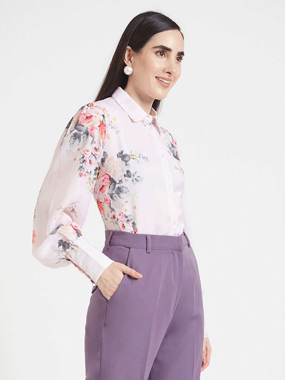 Luxury  Satin Digital Print Puff Sleeve Shirt