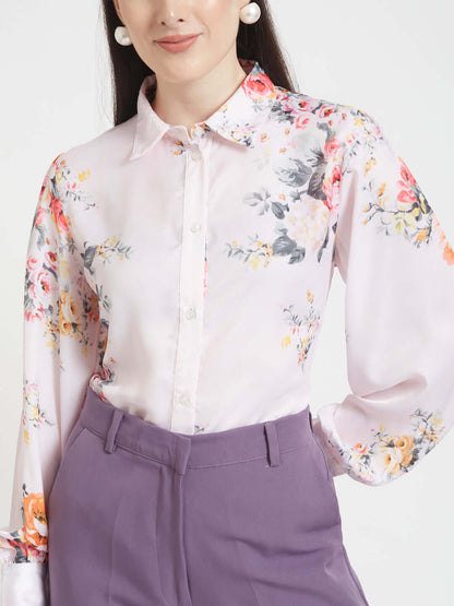 Luxury  Satin Digital Print Puff Sleeve Shirt