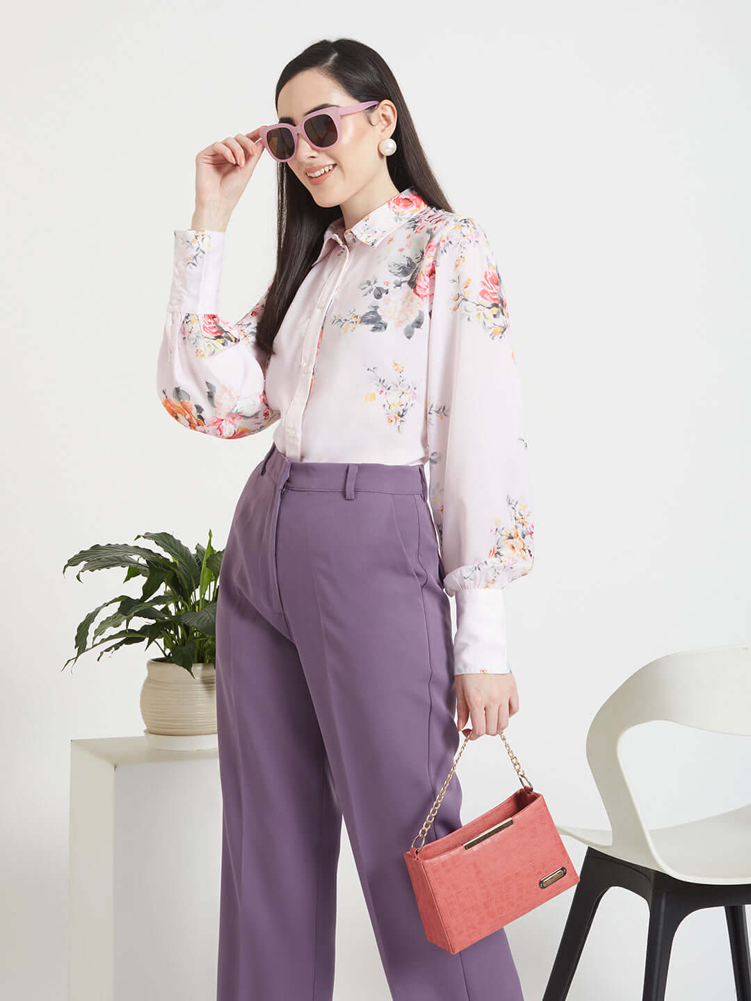 Luxury  Satin Digital Print Puff Sleeve Shirt
