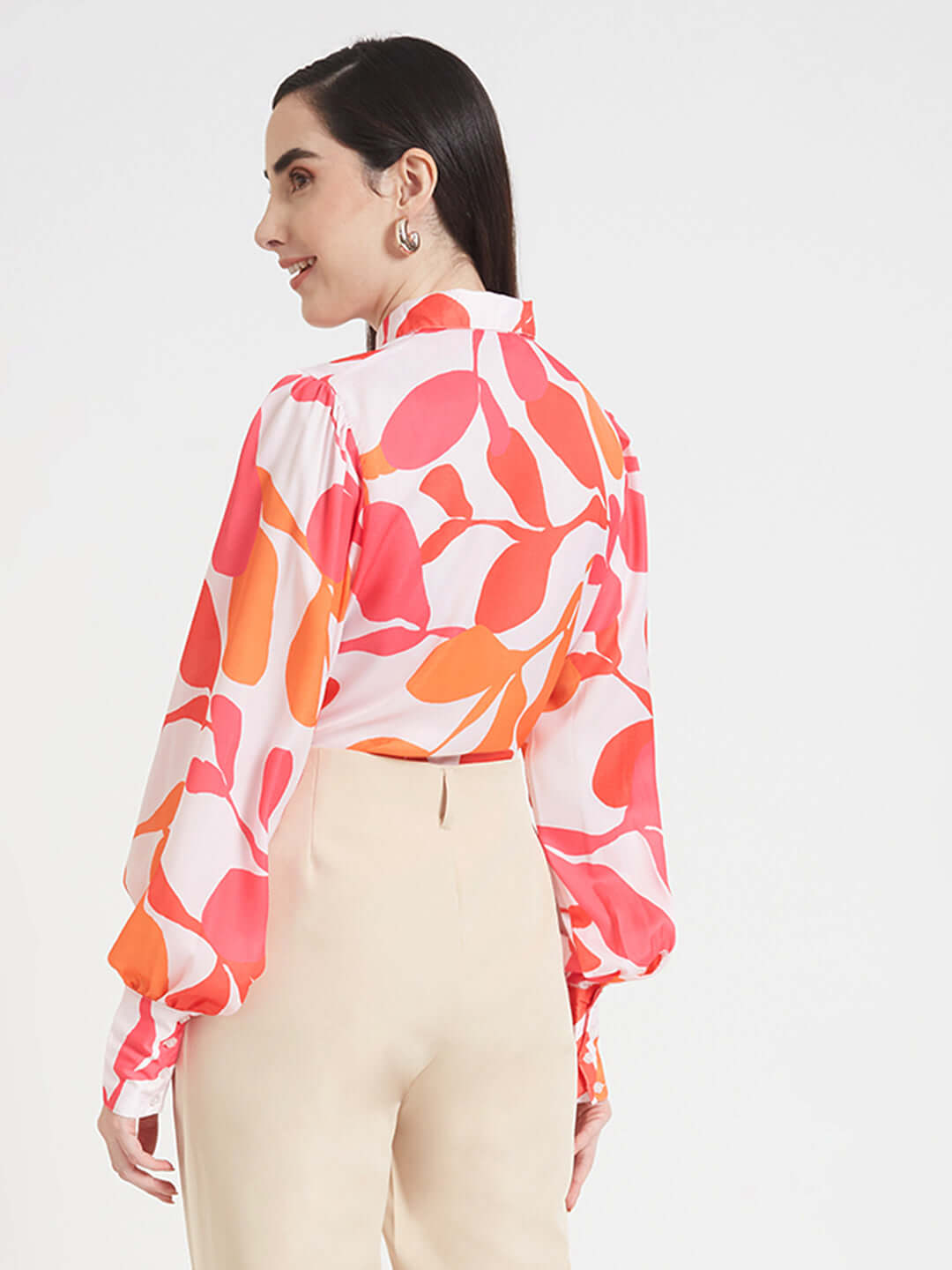 Luxury  Satin Digital Print Puff Sleeve Shirt