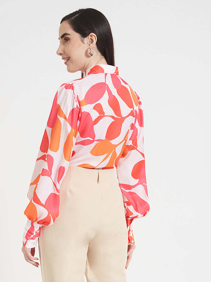Luxury  Satin Digital Print Puff Sleeve Shirt