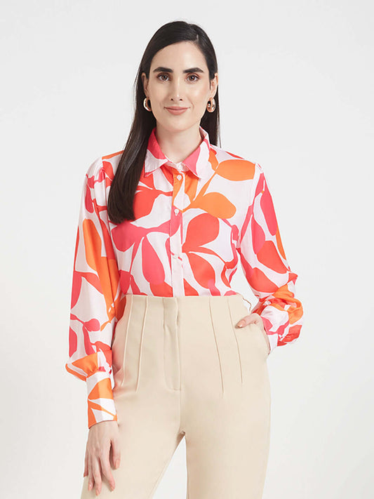 Luxury  Satin Digital Print Puff Sleeve Shirt