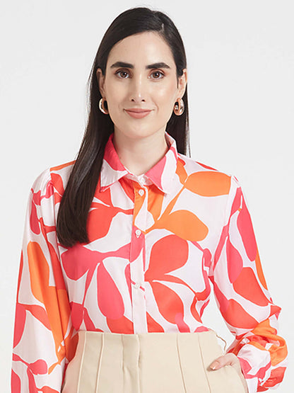 Luxury  Satin Digital Print Puff Sleeve Shirt